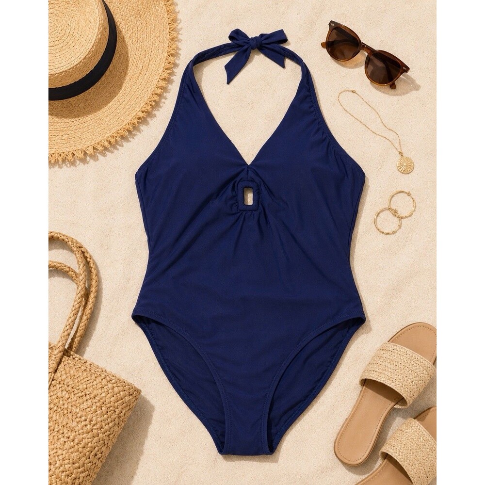 Helen Jon Womens L Navy Halter One Piece Swimsuit Keyhole Blue Made USA